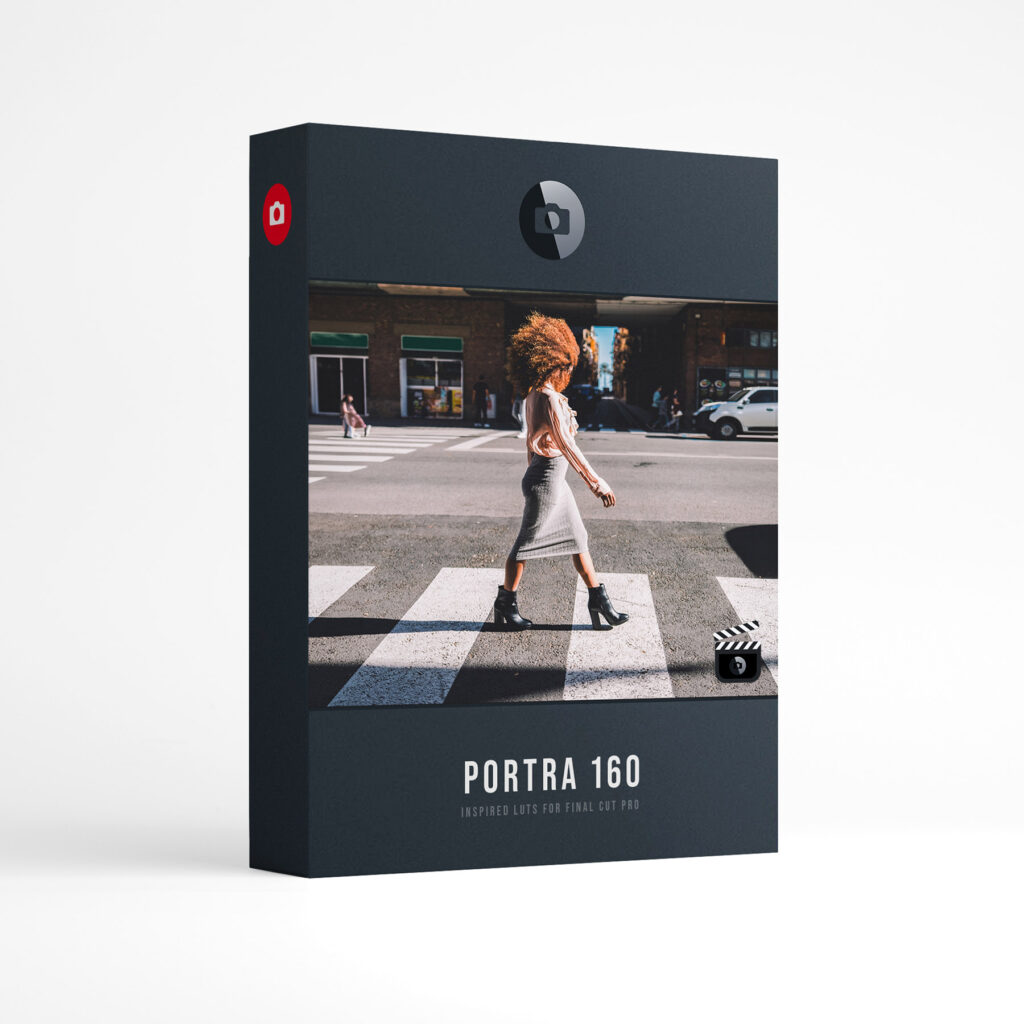 Presetpro LUT Portra 160 Pack product box: a woman with curly hair walking across a sunny crosswalk above the words Portra 160, inspired LUTs for Final Cut Pro