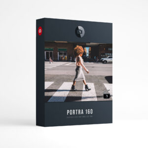 Presetpro LUT Portra 160 Pack product box: a woman with curly hair walking across a sunny crosswalk above the words Portra 160, inspired LUTs for Final Cut Pro