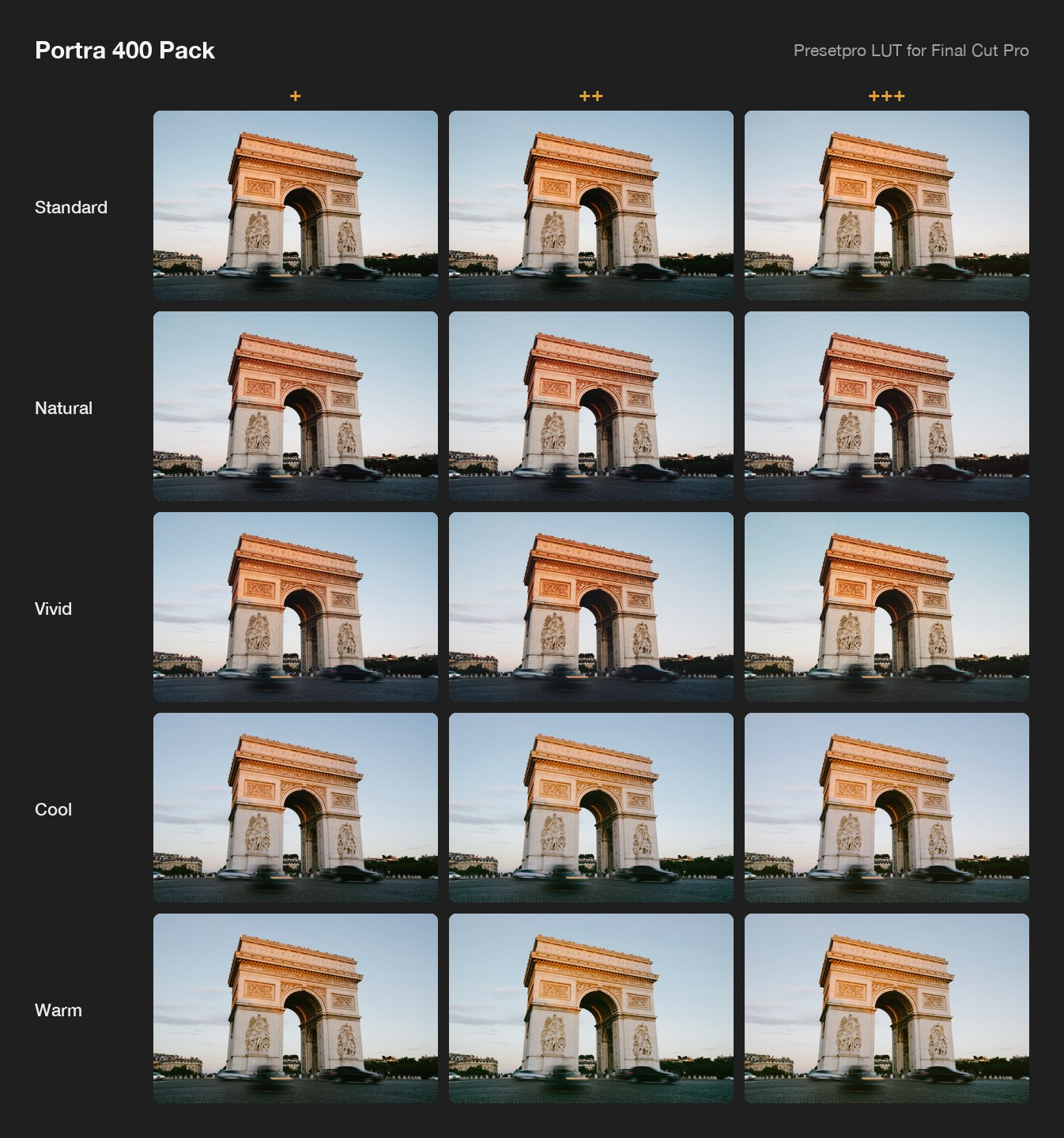 All 15 looks of the Presetpro LUT Portra 400 Pack, inspired by Kodak Portra 400 film, on one photo of the Arc de Triomphe: Standard, Natural, Vivid, Cool and Warm, each in three strengths.