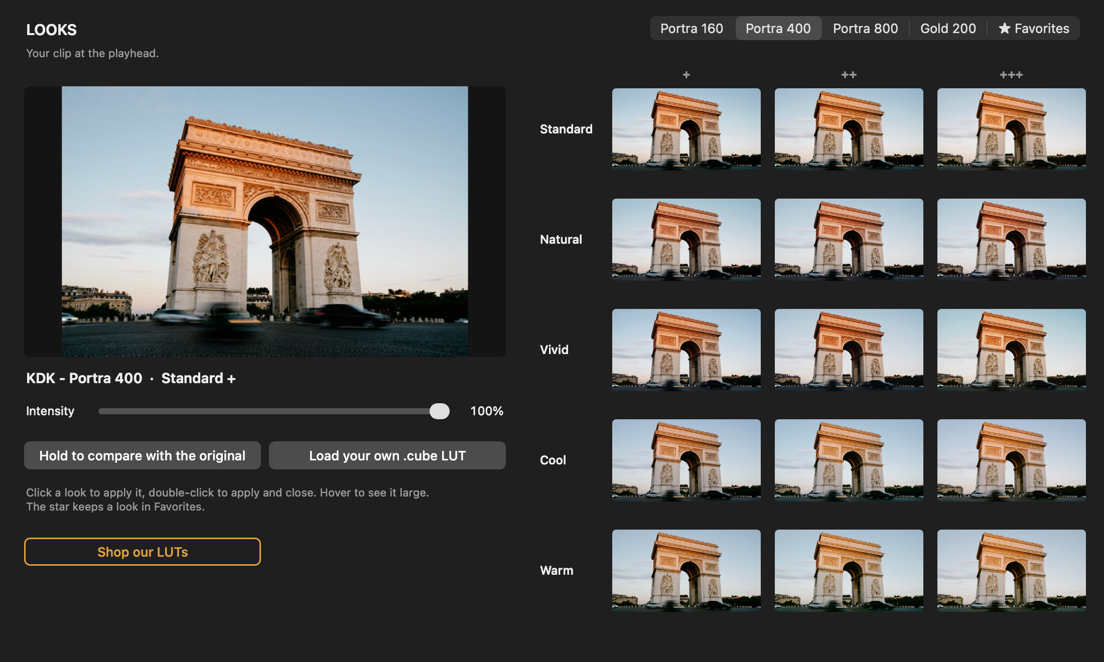Presetpro LUT Looks window showing all 15 Portra 400 looks, Standard, Natural, Vivid, Cool and Warm in three strengths, on a photo of the Arc de Triomphe