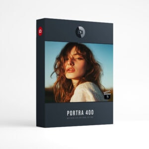Presetpro LUT Portra 400 Pack product box: a sunlit portrait of a woman with long wavy hair above the words Portra 400, inspired LUTs for Final Cut Pro