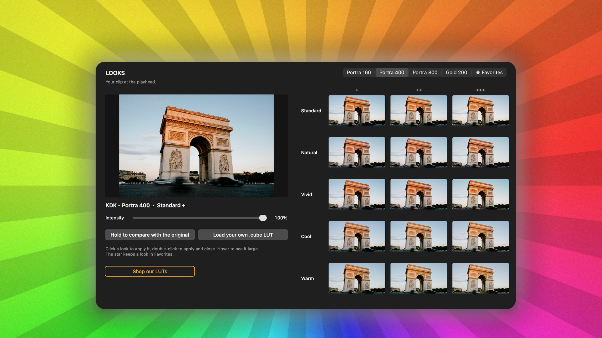 Presetpro LUT Looks window with the Portra 400 Pack installed, showing its 15 looks inspired by Kodak Portra 400 film on a photo of the Arc de Triomphe