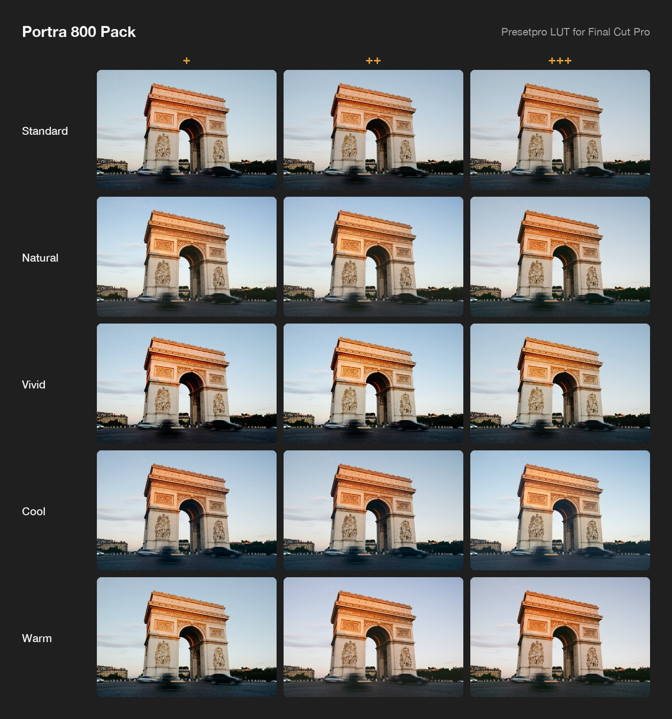 All 15 looks of the Presetpro LUT Portra 800 Pack, inspired by Kodak Portra 800 film, on one photo of the Arc de Triomphe: Standard, Natural, Vivid, Cool and Warm, each in three strengths.