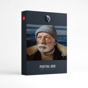Presetpro LUT Portra 800 Pack product box: a portrait of an older man with a white beard in a grey knit beanie and a sheepskin collar above the words Portra 800, inspired LUTs for Final Cut Pro