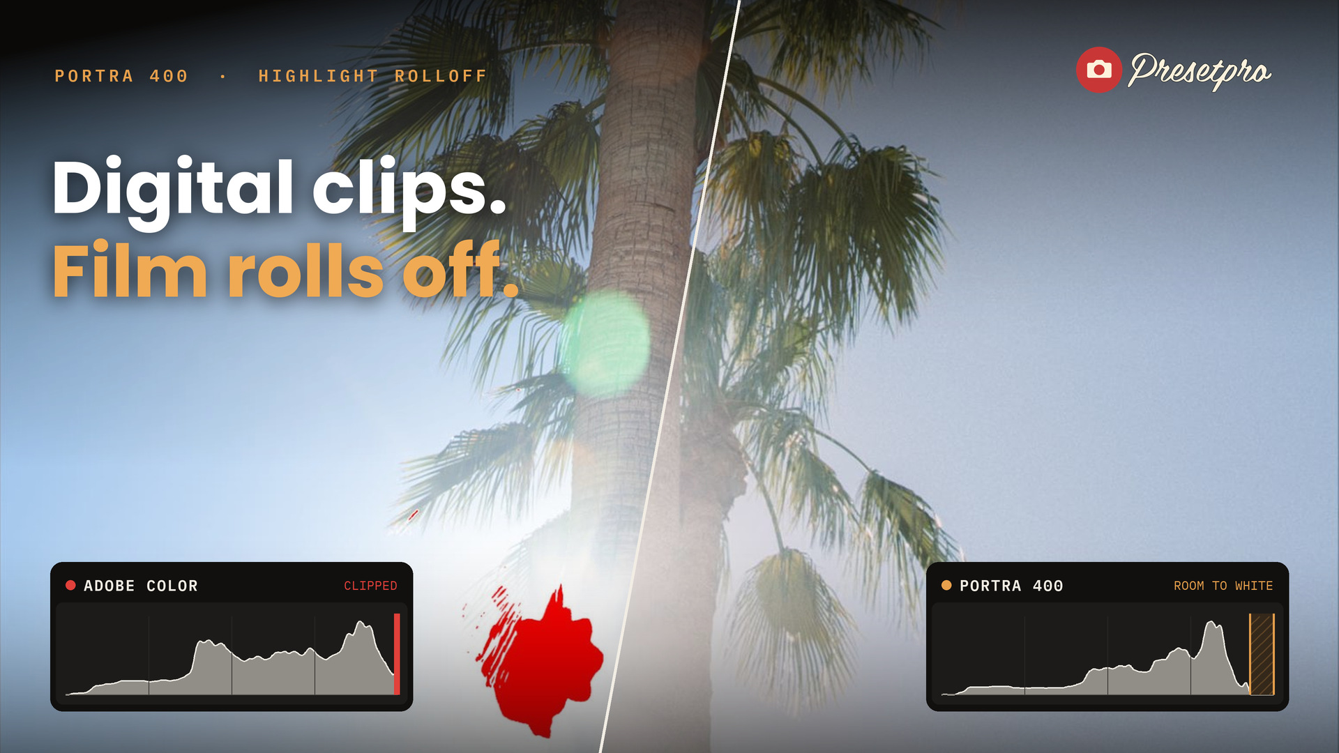 Video cover reading Digital clips, Film rolls off, over a backlit palm split between Adobe Color with a red clipping warning and the Portra 400 profile, with a histogram badge on each side