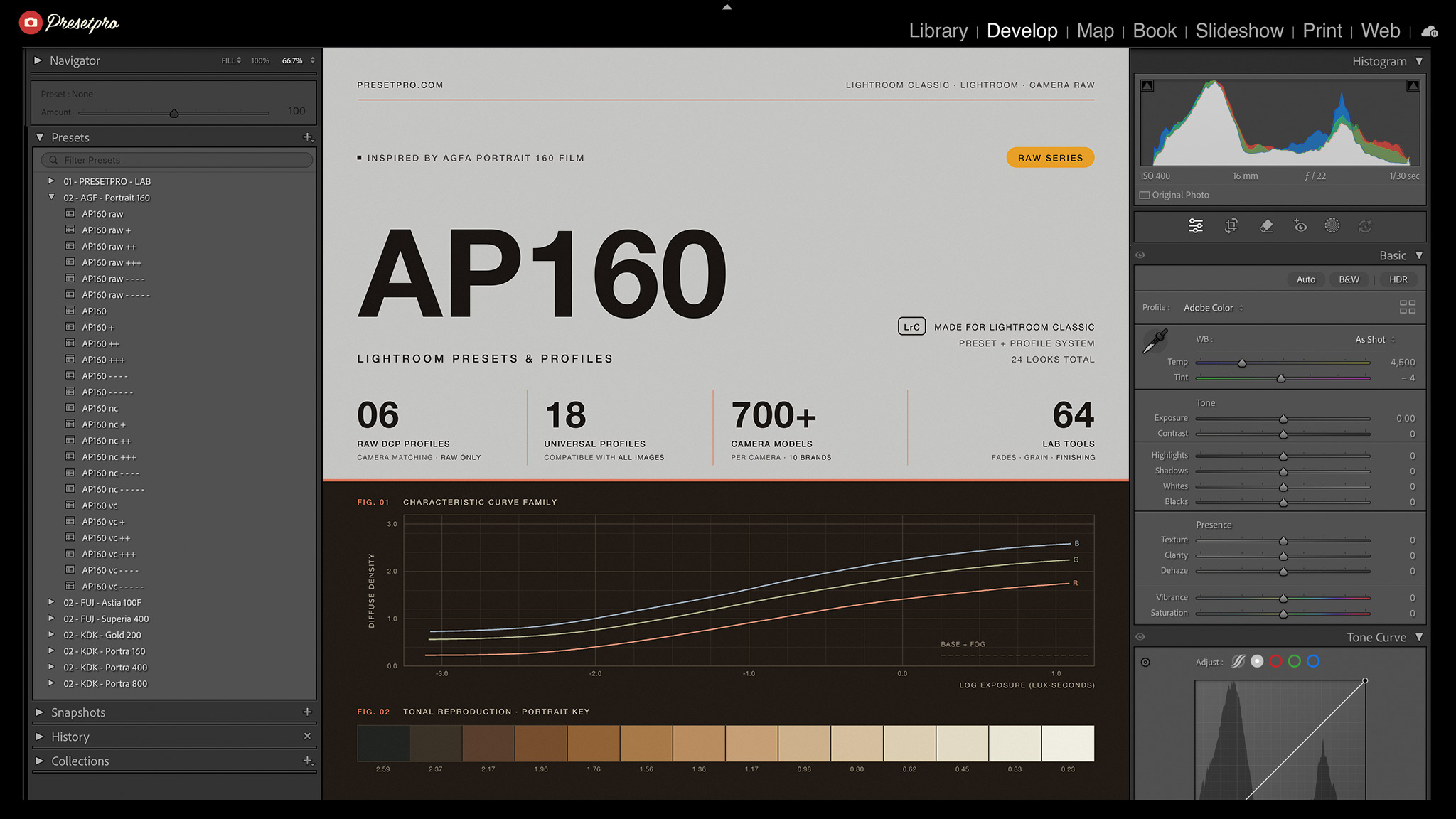 The RAW Series AP160 cover, inspired by Agfa Portrait 160 film, open in Lightroom Classic with the Portrait 160 group expanded on all 24 looks, above the Fujifilm and Kodak film groups