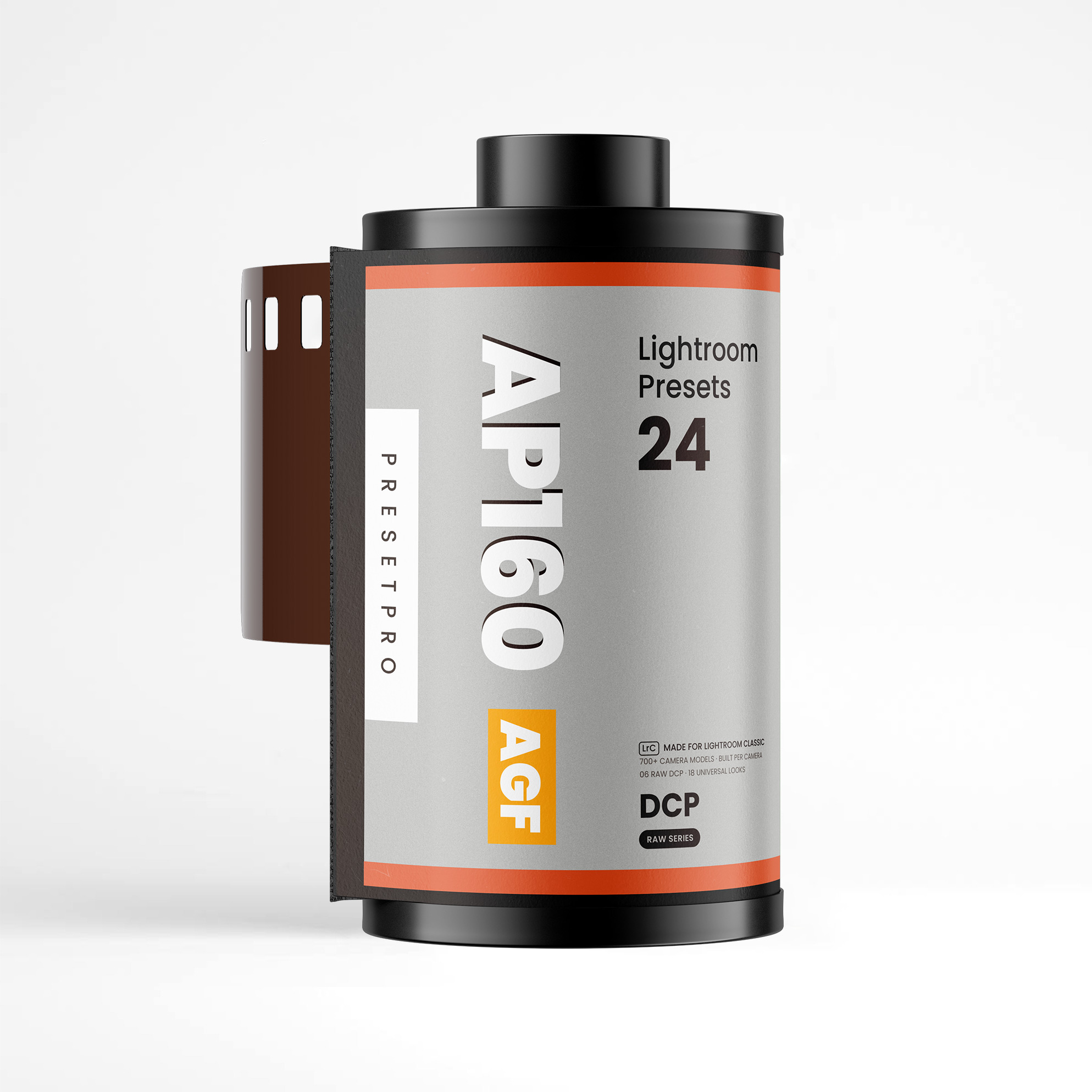 A 35mm film canister for RAW Series AP160, inspired by Agfa Portrait 160 film: a grey label with orange bands, AP160 and an AGF tag down the side, reading Lightroom Presets 24, made for Lightroom Classic, DCP and RAW Series