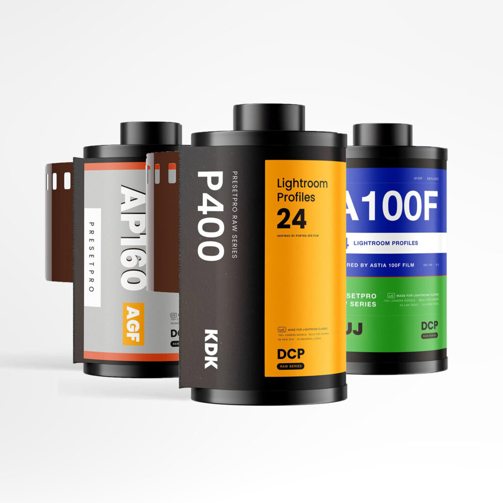 Three 35mm film canisters from the RAW Series: P400, inspired by Kodak Portra 400, in front, with AP160, inspired by Agfa Portrait 160, and A100F, inspired by Fujifilm Astia 100F, behind it